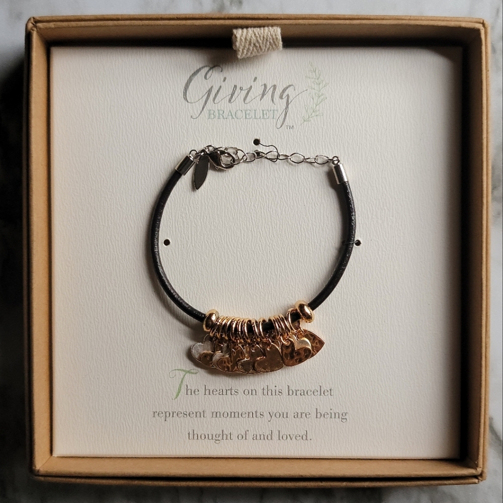 Giving Braclet - Mixed Metal Heart Charms on Black Cord - New in Box